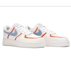 Nike Air Force 1 Low White Denim Swoosh Rainbow Stitch Women's Size 7 DJ465133